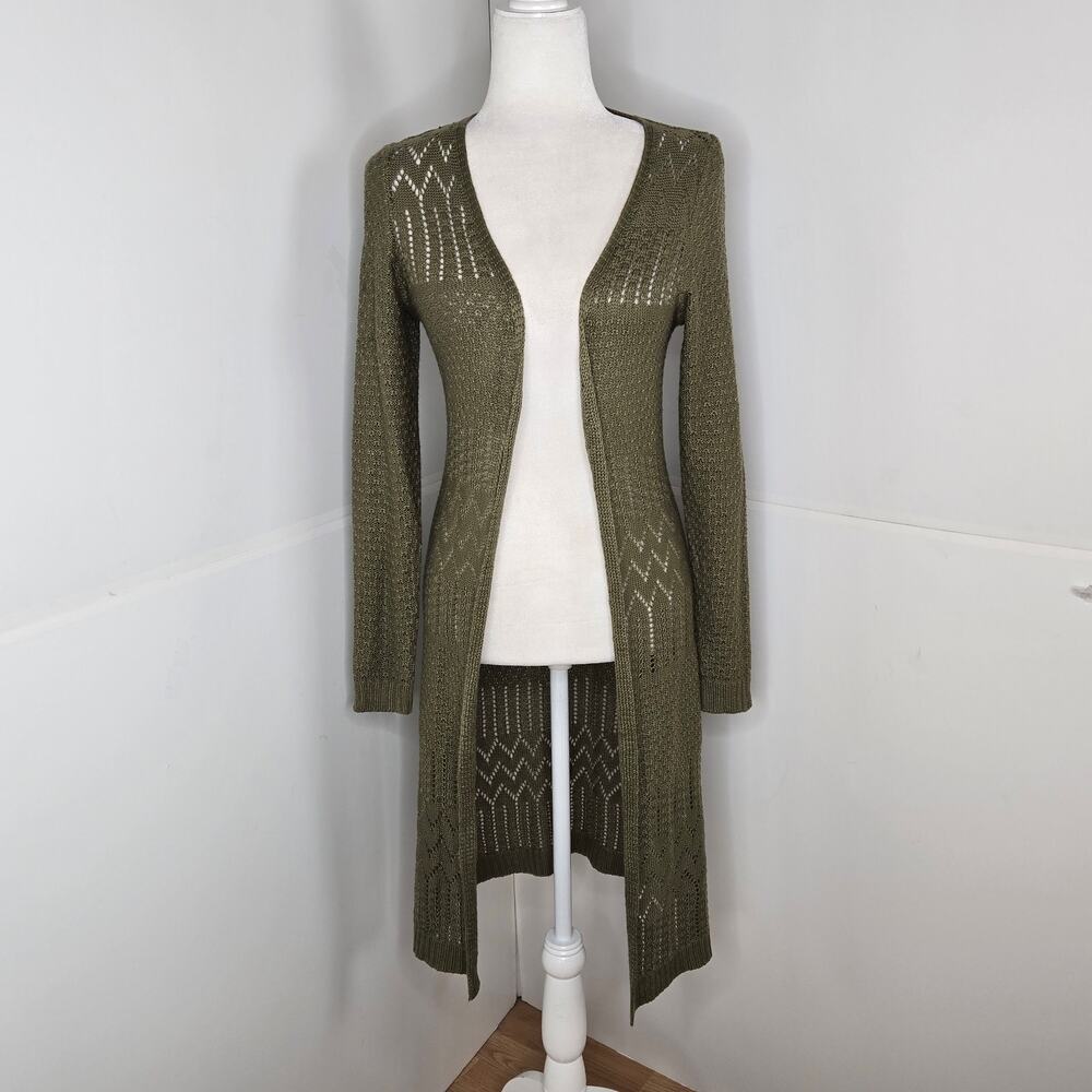Love Always long sleeve open Pointelle Duster cardigan Small olive green